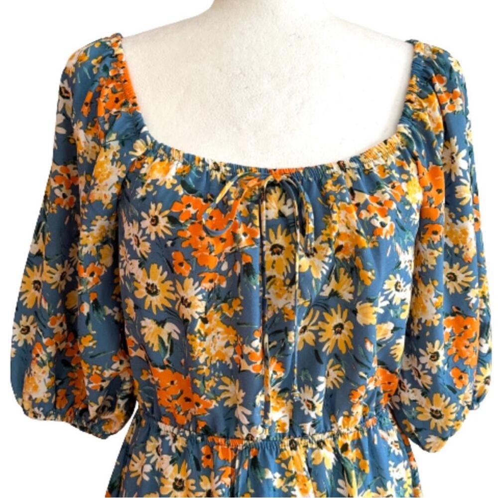 Sienna Sky Dress - Blue Orange Floral Puff Sleeve A-Line Mini Dress - Size L